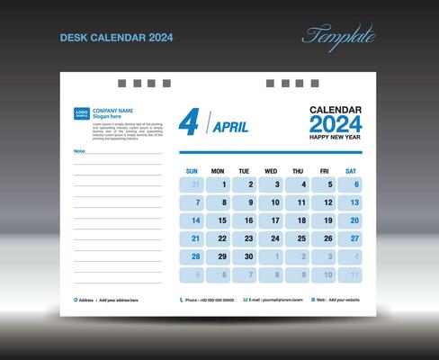 Desk calender 2024 design, April 2024 template, Calendar 2024 template, planner, simple, Wall calendar design, week starts on sunday, printing, advertiement, blue background, vector