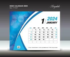 JANUARY 2024 template- Desk Calendar 2024 year template, wall calendar 2024 year, Week starts Sunday, Planner design, Stationery design, flyer design, printing media, blue curve backgrund vector