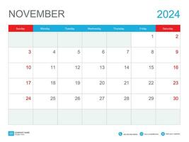 noviembre 2024 calendario-plantilla 2024 diseño , escritorio calendario 2024 plantilla, planificador simple, semana empieza domingo, papelería, pared calendario, impresión, anuncio publicitario, vector ilustración
