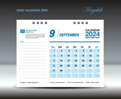 Desk calender 2024 design, September 2024 template, Calendar 2024 template, planner, simple, Wall calendar design, week starts on sunday, printing, advertiement, blue background, vector