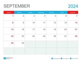 September 2024 template-Calendar 2024 design , Desk Calendar 2024 template, Planner simple, Week starts Sunday, Stationery, Wall calendar, printing, advertisement, vector illustration