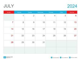 julio b2024 calendario-plantilla 2024 diseño , escritorio calendario 2024 plantilla, planificador simple, semana empieza domingo, papelería, pared calendario, impresión, anuncio publicitario, vector ilustración