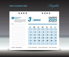 escritorio calandrar 2024 diseño, marzo 2024 plantilla, calendario 2024 plantilla, planificador, simple, pared calendario diseño, semana empieza en domingo, impresión, publicidad, azul fondo, vector