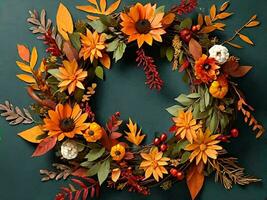 Wreath, flowers, leaves, twigs, autumn wreath, fall decorations, autumn vibes, AI Generated photo