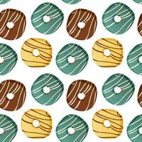 Pattern with homemade baked donuts with toppings, pastry products. Pastries from the dough. Baking, bakery shop, cooking, sweet, dessert for poster, banner, menu, cover, advertising vector