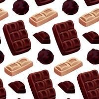 sin costura modelo con oscuro, blanco chocolate bar piezas, caramelo. trozos y bloques de marrón chocolate. Leche dulce postre, Cocinando ingrediente para confitería tienda para póster, bandera, sitio web. vector