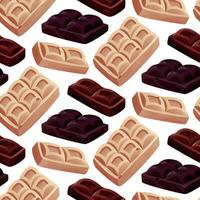 sin costura modelo con oscuro, blanco chocolate bar piezas, caramelo. trozos y bloques de marrón chocolate. Leche dulce postre, Cocinando ingrediente para confitería tienda para póster, bandera, sitio web. vector