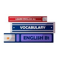 English stack of book, british internet glossary, dictionary. English language school, club, course. Elementary grammar, vocabulary, audio lesson. Learn foreign languages online, education. vector