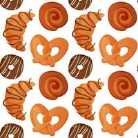 Pattern with homemade baked french croissant, german pretzel, bun, pastry products. Pastries from the dough. Baking, bakery shop, cooking, sweet, dessert for poster, banner, menu, cover vector