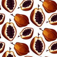 Seamless pattern with cocoa plant bean, raw seeds, pod. Chunks, blocks of brown chocolate. Milk sweet dessert, cooking ingredient for confectionery shop for poster, banner. vector