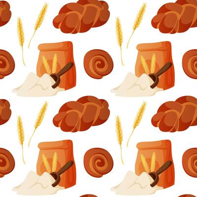 Pattern with homemade cooking wheat, flour, bun, cinnabon. Kitchen bakery stuff, process of baking. Bakery shop, cooking, sweet products, dessert for poster, banner, menu, cover, advertising