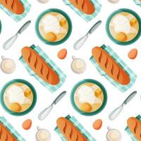 Pattern kitchen homemade baked bread, dough bowl with flour and eggs. Baking tools, utensils, supplies, bakery stuff. Bakery shop, cooking, sweet products, dessert. Vector for poster, banner, menu
