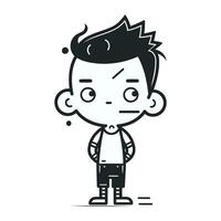 Cute little boy with angry facial expression. Black and white vector illustration.