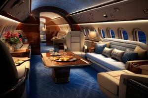 Interior of a private jet. 3D rendering. High resolution image, luxurious private jet interior exuding elegance and comfort, AI Generated photo