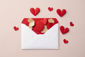 Envelope with paper hearts on pink background. Valentine's day concept. 3D Rendering, love letter envelope with paper craft hearts, AI Generated photo