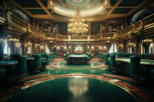 Luxury casino interior with roulette table and green chairs, luxurious empty Casino, AI Generated photo