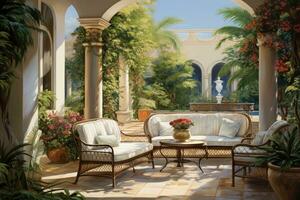 Luxury terrace with white sofa and armchairs in the garden, luxurious garden painting with elegant outdoor furniture, AI Generated photo