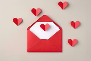 Envelope with paper hearts on light background, valentines day concept, love letter envelope with paper craft hearts, AI Generated photo