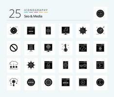 Seo  Media 25 Solid Glyph icon pack including video. media. site. audio. optimization vector