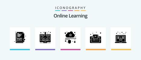 Online Learning Glyph 5 Icon Pack Including smartphone. e-learning. online. document. mouse. Creative Icons Design vector