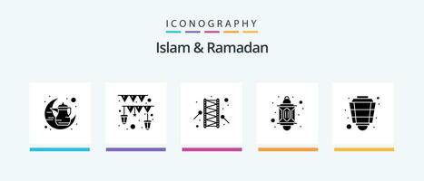 Islam And Ramadan Glyph 5 Icon Pack Including islam. lantern. religion. islam. drummer. Creative Icons Design vector