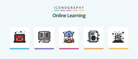 Online Learning Line Filled 5 Icon Pack Including document. mobile. study. learning. school. Creative Icons Design vector