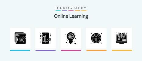 Online Learning Glyph 5 Icon Pack Including info. click. qa. pen. globe. Creative Icons Design vector