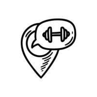 Doodle gym map pin icon. Sport salon location. Hand drawn sketch vector illustration. Fitness centre geo position.