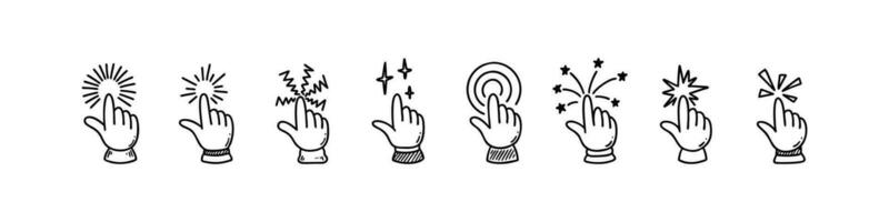 Doodle finger click icon set. Hand drawn hand pointer. Press here tap button. Sketch vector illustration