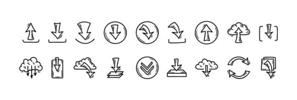 Download and upload file doodle icons set. Hand drawn sketch interface buttons. Cloud data server technology. Digital storage arrow pictogram. vector