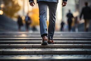 Close up young businessman feet sprinting up stairs office middle image.  Generative AI photo