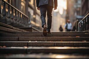 Close up young businessman feet sprinting up stairs office middle image. photo