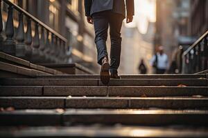 Close up young businessman feet sprinting up stairs office middle image.  Generative AI photo