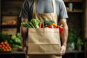 Man holding grocery shopping bag full of fresh vegetables and fruits standing in the supermarket. Food delivery service. Generative AI photo