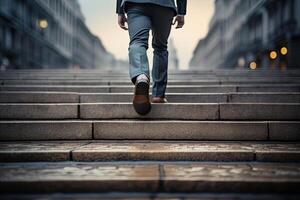 Close up young businessman feet sprinting up stairs office middle image.  Generative AI photo