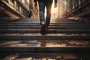 Close up young businessman feet sprinting up stairs office middle image.  Generative AI photo