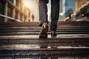 Close up young businessman feet sprinting up stairs office middle image.  Generative AI photo