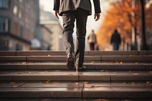 Close up young businessman feet sprinting up stairs office middle image.  Generative AI photo