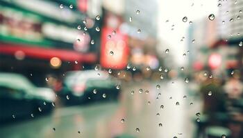 Rain drop on window glass of coffee shop and blurry city life background Ai Generate photo