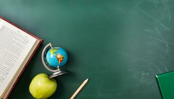 globe, pencil, pen and book on a green blackboard background and empty space on left side Ai Generate photo