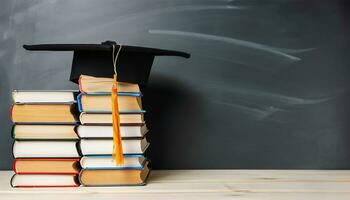 Arrangement of different books on table with graduation cap on black chalkboard background Ai Generate photo