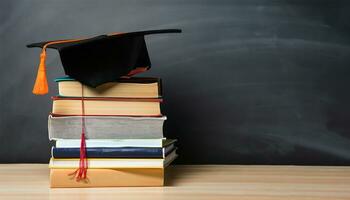 Arrangement of different books on table with graduation cap on black chalkboard background Ai Generate photo