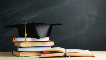 Arrangement of different books on table with graduation cap on black chalkboard background Ai Generate photo