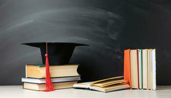 Arrangement of different books on table with graduation cap on black chalkboard background Ai Generate photo