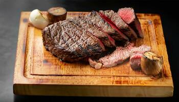 A la parrilla carne de vaca filete medio raro en fuego selectivo atención 3d ilustración ai generar foto