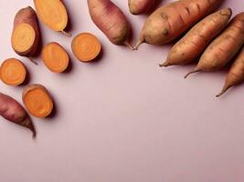 Top view of Sweet potatoes against pastel background with space for text, background image, generative AI photo