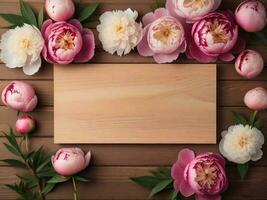 Wooden background surrounded by Peony flowers from top view, background image, generative AI photo