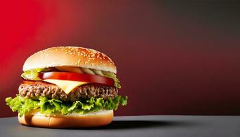 Burger with red background delicious Ai Generate photo