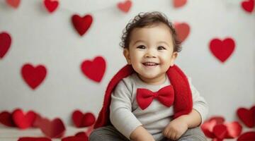 Cute smiling little toddler boy against valentine's day ambience background with space for text, children background image, AI generated photo