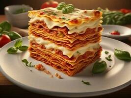 An image showcasing the tempting layers of lasagna, inviting text to describe the rich flavors, ingredients, and the comforting essence of this classic Italian dish,background image, generative AI photo